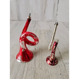 Vintage Mercury glass trumpet horn ornament red flowers set Xmas tree