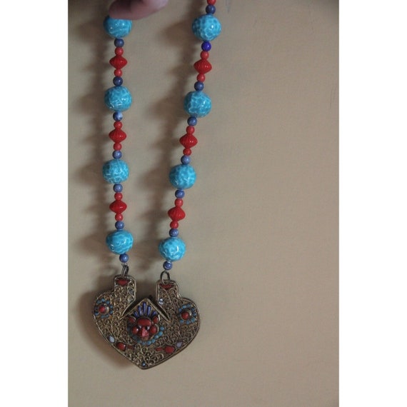 boho vintage antique india necklace heart large t… - image 3