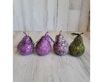 Glitter pear sequin ornament purple fruit Xmas set