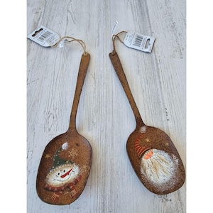 Enchanted Forest Xmas spoon snowman Santa vintage metal ornament decor rustic