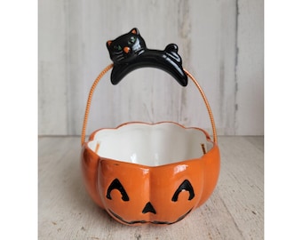 Mini panier citrouille en céramique avec poignée de chat noir, décoration d'Halloween