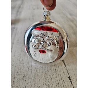 Vintage Germany Santa Mercury glass circular flocked ornament Xmas tree