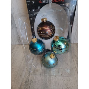 Christmas Shoppe blue brown ball blown glass ornament Xmas glitter