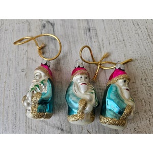 Vintage blue gold glitter santa glass ornament set Xmas tree