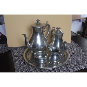 Woodbury tea pot set/5 creamer pewters pitcher sugar bowl platter coffee serving