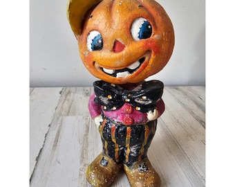 Figura de calabaza cabezona con diseño shabby chic, sombrero y cuenco, decoración única