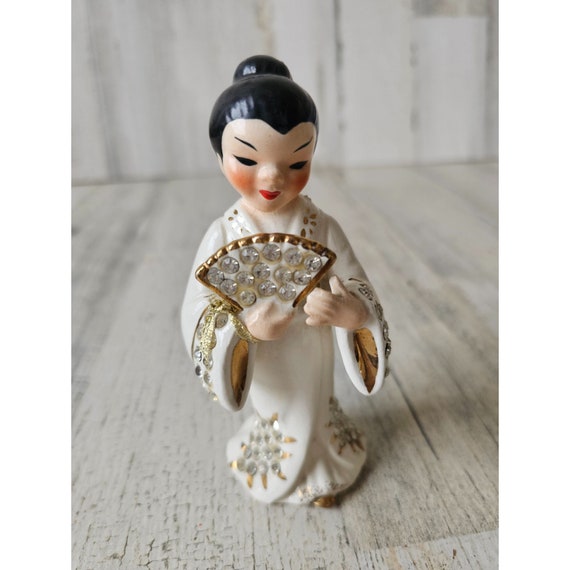 Lefton Vintage Geisha Lady Fan Statue Figurine Rhinestone Japanese