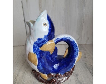 Vintage blue koi fish gurgle vase picture home decor