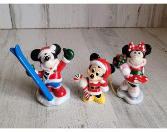 Conjunto de enfeites de esqui vintage Disney AS IS Mickey Mouse Minnie Natal