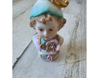 Salero y pimentero con forma de busto de niño victoriano antiguo, color verde, estatua decorativa única, figura.