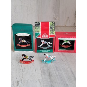 Hallmark vintage miniature rocking horse ornament Xmas set