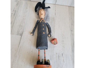 Monnie Wilson paper mache witch bobblehead trick or treater Halloween home decor