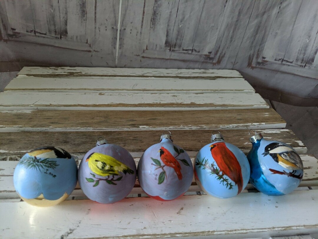 Vtg Inside Hand Painted Bird Glass Christmas Ball Set of 5 Xmas Holiday ...