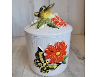 Vintage ceramic canister butterfly floral unique jar lidded kitchen home