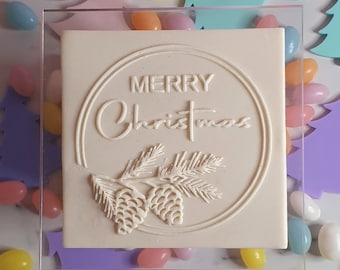 Merry Christmas with Pine Cones Raised Fondant 3D Reverse POP Debosser Cake Decorating Cupcake Toppers