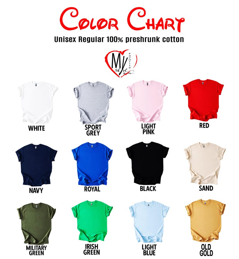 Pu&ograve; includere: Tabella colori di t-shirt unisex 100% cotone pre-ristretto in vari colori, tra cui bianco, grigio sportivo, rosa chiaro, rosso, blu navy, royal, nero, sabbia, verde militare, verde irlandese, azzurro e oro antico.