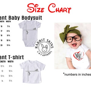 May include: A size chart for Rabbit Skins infant bodysuits and t-shirts, displaying length and width measurements in inches. The chart includes a white bodysuit, a white t-shirt, and a photo of an infant wearing a white bodysuit with a red heart graphic.