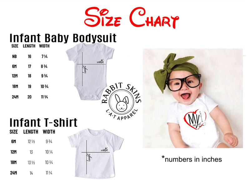 May include: A size chart for Rabbit Skins infant bodysuits and t-shirts, displaying length and width measurements in inches. The chart includes a white bodysuit, a white t-shirt, and a photo of an infant wearing a white bodysuit with a red heart graphic.