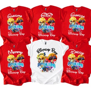 May include: Red and white t-shirts with Universal Studios graphics and text for family members. The shirts feature the words "Grandma", "Gigi", "Grandpa", "Mommy", "Daddy", and "Birthday Boy". The white shirt says "Luca 5".