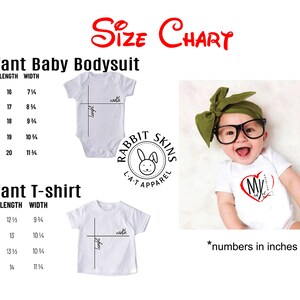 May include: Size chart for infant baby bodysuits and t-shirts. The chart shows sizes from newborn to 24 months with corresponding length and width measurements in inches. The chart is accompanied by a white bodysuit and t-shirt with measurements marked on them.