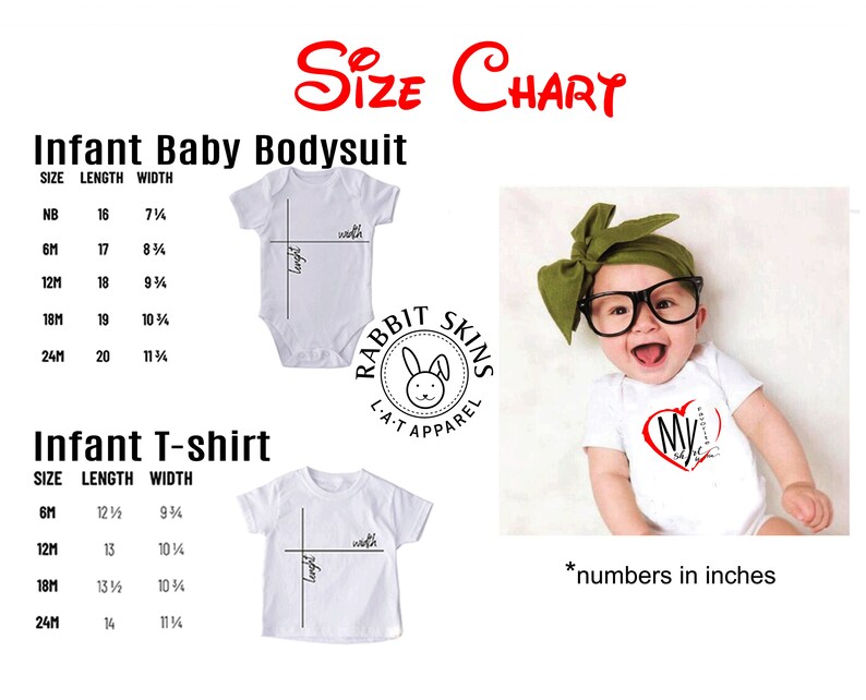 May include: Size chart for infant baby bodysuits and t-shirts. The chart shows sizes from newborn to 24 months with corresponding length and width measurements in inches. The chart is accompanied by a white bodysuit and t-shirt with measurements marked on them.