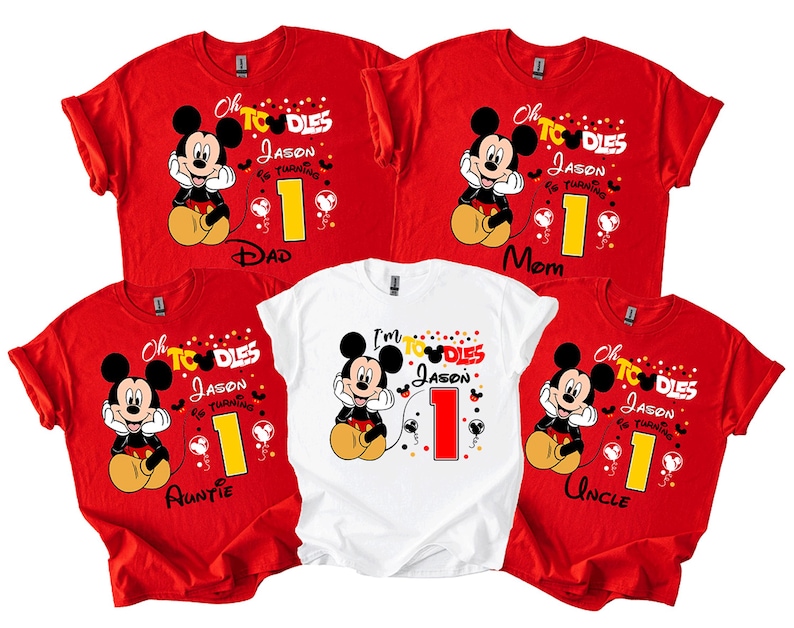 May include: Red and white t-shirts with a Mickey Mouse graphic. The shirts feature the text "Oh Toodles" and "I'm Toodles" with the name "Jason" and the number "1". The shirts are for Dad, Mom, Auntie, and Uncle.