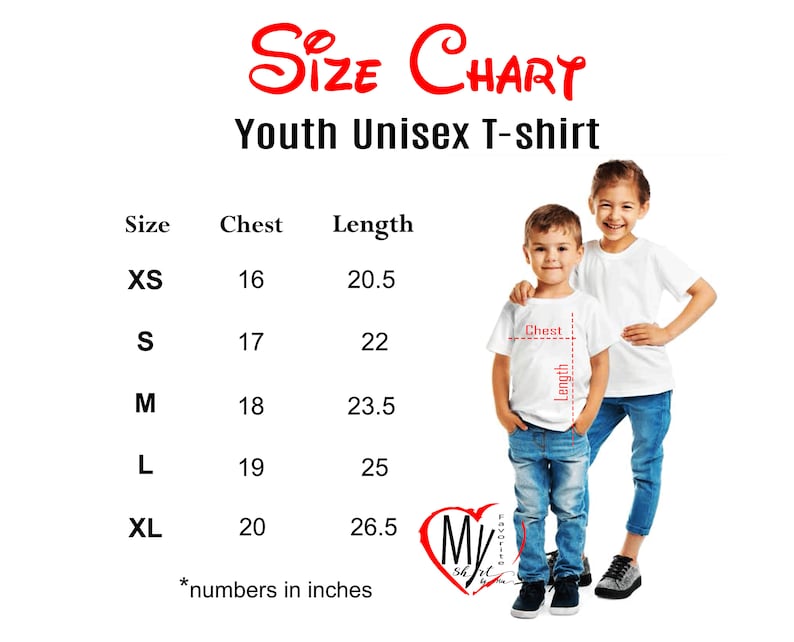 May include: A size chart for a youth unisex t-shirt with columns for size, chest, and length in inches. The chart lists sizes XS through XL with corresponding measurements. The text reads SIZE CHART, Youth Unisex T-shirt, and numbers in inches.