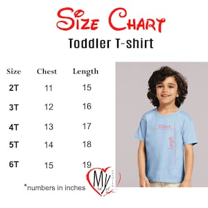 May include: A size chart for a toddler t-shirt with the text SIZE CHART and Toddler T-shirt. A table lists sizes 2T through 6T with corresponding chest and length measurements in inches. A light blue t-shirt is shown with red dashed lines.