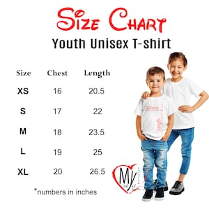 May include: Size chart for youth unisex t-shirts. The chart shows sizes XS through XL with corresponding chest and length measurements in inches.