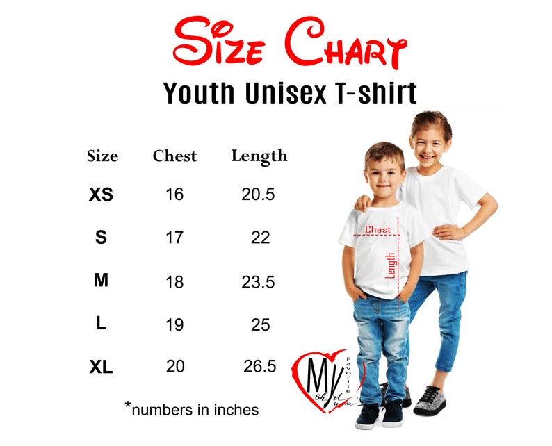 May include: Size chart for youth unisex t-shirts. The chart shows sizes XS through XL with corresponding chest and length measurements in inches.