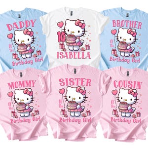 May include: Six t-shirts with a cartoon character holding a cake. The shirts are in light blue, white, and pink. Each shirt has different text: "Daddy", "Mommy", "Brother", "Isabella", "Sister", and "Cousin". Ideal for a birthday celebration.