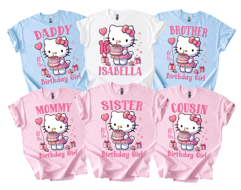 May include: Six t-shirts with a cartoon character holding a cake. The shirts are in light blue, white, and pink. Each shirt has different text: "Daddy", "Mommy", "Brother", "Isabella", "Sister", and "Cousin". Ideal for a birthday celebration.
