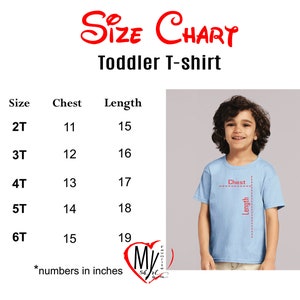 May include: Size chart for toddler t-shirts, showing chest and length measurements in inches for sizes 2T through 6T.