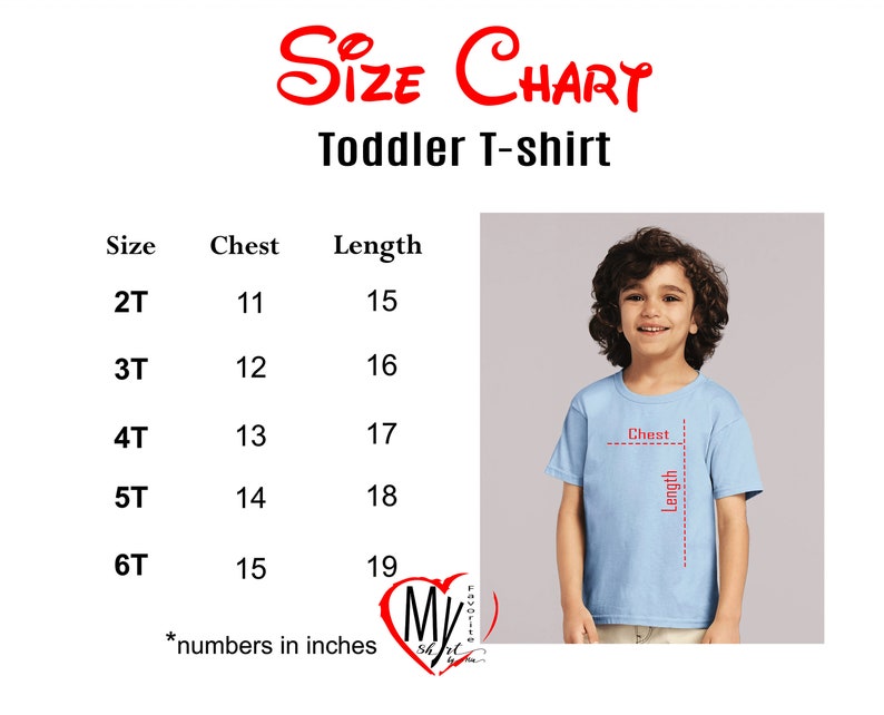 May include: Size chart for toddler t-shirts, showing chest and length measurements in inches for sizes 2T through 6T.