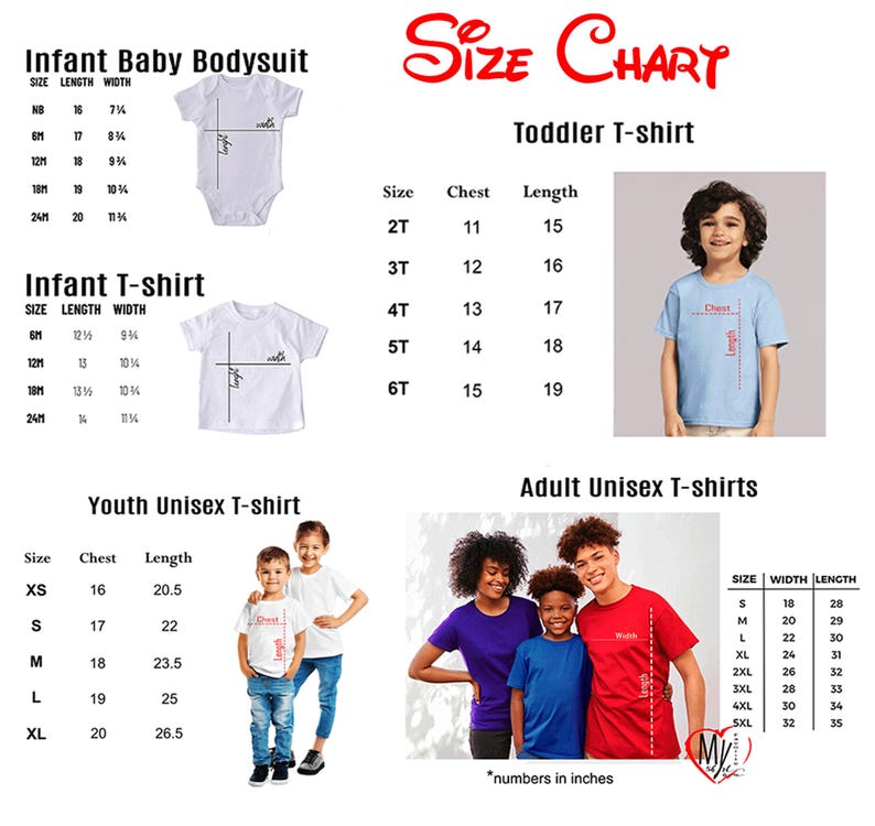 May include: A size chart for infant bodysuits, toddler, youth, and adult t-shirts. The chart includes measurements in inches for chest, length, and width. The image also shows examples of the t-shirts on children and adults.