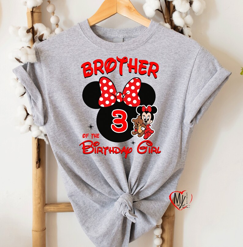 May include: Grey t-shirt featuring a red and white Minnie Mouse head design. The design includes the text "Brother of the 3 Birthday Girl".