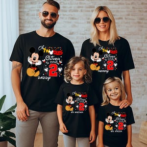 May include: Black t-shirts with a Mickey Mouse graphic and the text "Oh Twodles Oliver is turning 2". The shirts are worn by a family of four. The shirts have the words "Daddy", "Mommy", "Big Brother", and "Big Sister".