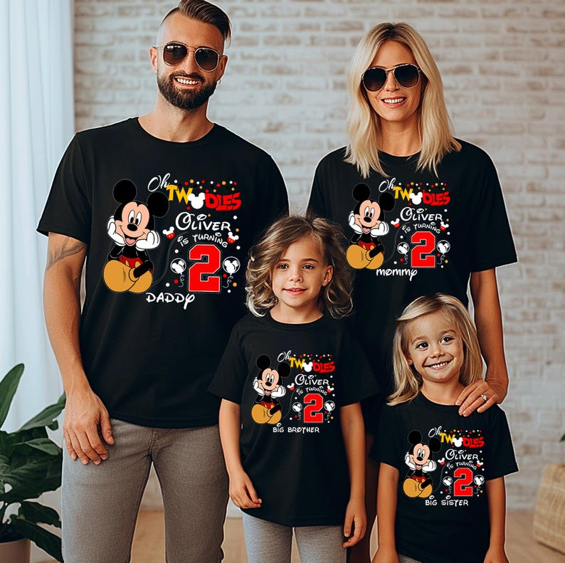 May include: Black t-shirts with a Mickey Mouse graphic and the text "Oh Twodles Oliver is turning 2". The shirts are worn by a family of four. The shirts have the words "Daddy", "Mommy", "Big Brother", and "Big Sister".