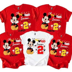 May include: Red and white t-shirts with a Mickey Mouse graphic. The red shirts have the text "Oh TWOdles Jaxson is turning 2" with "Dad", "Mom", "Sister", and "Brother" below the number 2. The white shirt says "I'm TWOdles Jaxson is turning 2".