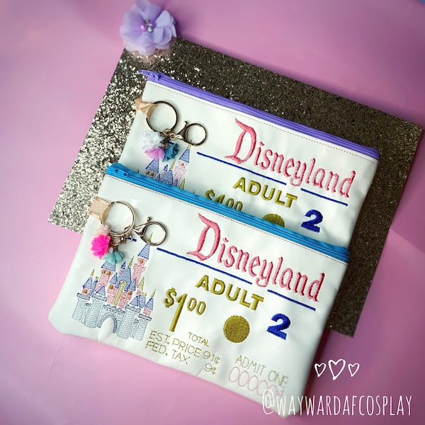 Magical Kingdom Park Ticket Inspired Embroidered Leatherette Pouch ~ Cosmetic Makeup Purse ~ Handmade