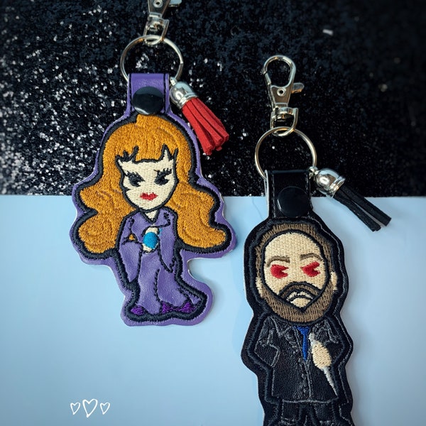 Chibi Rowena and Crowley Supernatural Embroidered Leatherette Keychain ~ Duo Set ~ SPN Family ~ Always keep Fighting ~ Rowena
