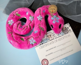 Sakura Cherry Blossom Snake ~ Bright Pink Embroidered Snake Plushy ~ Complete with Adoption Certificate