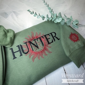 Supernatural Hunter Embroidered Sweatshirt ~ Supernatural Inspired Jumper ~ Dean Winchester,  Sam Winchester ~ Antiposession Sleeve Detail