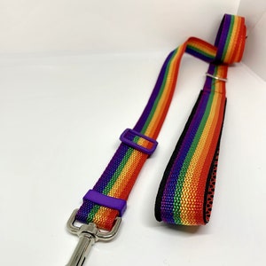 May include: A rainbow-striped dog leash featuring a durable nylon webbing strap with vibrant red, orange, yellow, green, blue, and purple colors. It includes a silver-toned metal swivel snap hook, a purple plastic adjustment slider, and a padded handle.