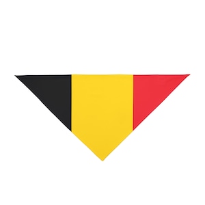 May include: A triangular fabric flag with the colors black, yellow, and red. The flag is a representation of the Belgian flag.
