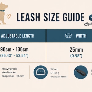 May include: A leash size guide graphic featuring a dark blue dog leash with a silver snap hook. The text displays an adjustable length of 90cm to 136cm (35.43" - 53.54") and a width of 25mm (0.98"). It includes icons for a steel snap hook, a silver D-ring, and a soft grip handle.