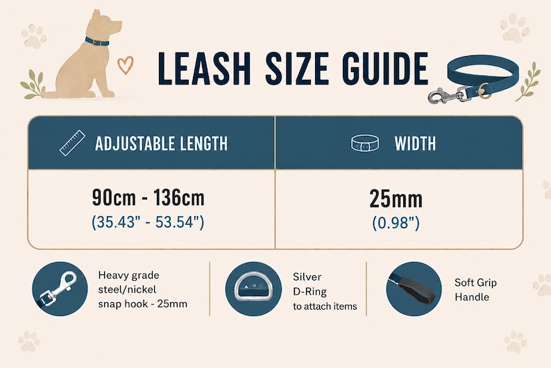 May include: A leash size guide graphic featuring a dark blue dog leash with a silver snap hook. The text displays an adjustable length of 90cm to 136cm (35.43" - 53.54") and a width of 25mm (0.98"). It includes icons for a steel snap hook, a silver D-ring, and a soft grip handle.