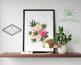 Floral Cannabis Wall Art Print, Botanical Wall Art, Bedroom, Home Decor, Stoner Gifts for Her, Stoner Girl, Marijuana Decor INSTANT DOWNLOAD