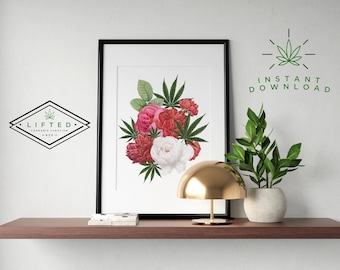 May include: A digital download of a printable art print featuring a bouquet of red and white roses with green cannabis leaves. The print is framed and displayed on a shelf with a gold lamp and a potted plant. The text "LIFTED CANNABIS CURATION -420- INSTANT DOWNLOAD" is visible in the image.