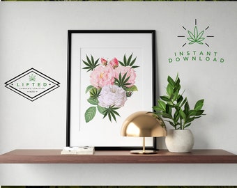 May include: An image featuring the text "LIFTED CANNABIS CURATION - 420-" above a framed floral print with cannabis leaves. A gold lamp and potted plant sit on a wooden shelf. The words "INSTANT DOWNLOAD" and a logo are also visible.